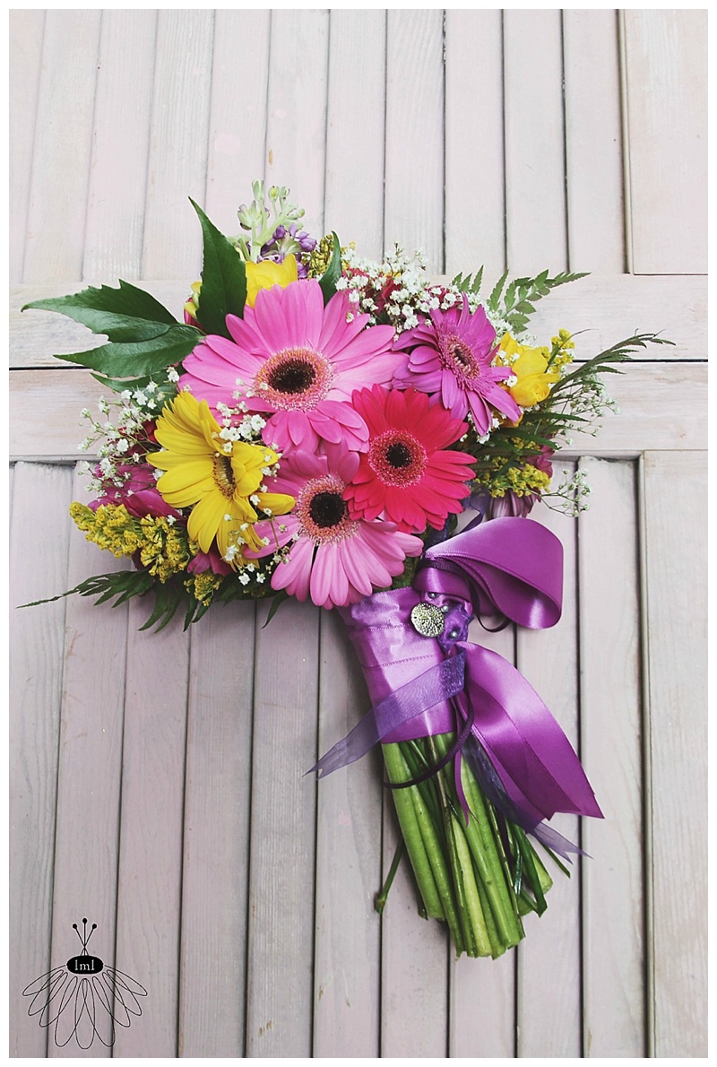 little miss lovely // wedding florist // pink purple yellow gerber daisy bridesmaid bouquet