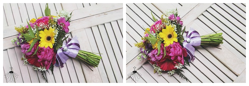 little miss lovely // wedding florist // pink purple yellow gerber daisy maid of honor bouquet