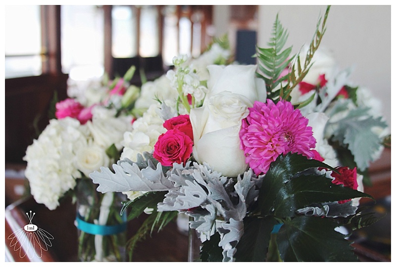 Little Miss Lovely // Pink, white, teal wedding centerpieces