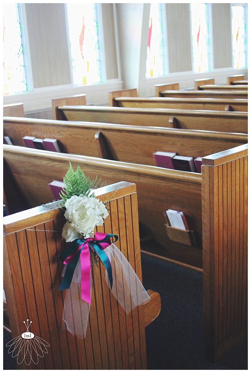 Little Miss Lovely // Church Wedding Pew Hydrangea bows