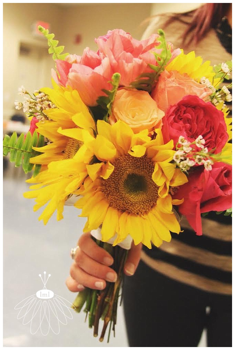 sunflower pink rose and anemone wedding bouquet // little miss lovely // ocean city maryland wedding florist