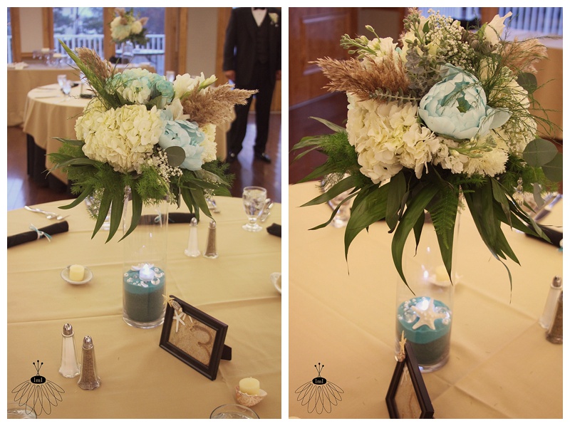 teal and white centerpieces with starfish // ocean pines yacht club wedding // little miss lovely floral design
