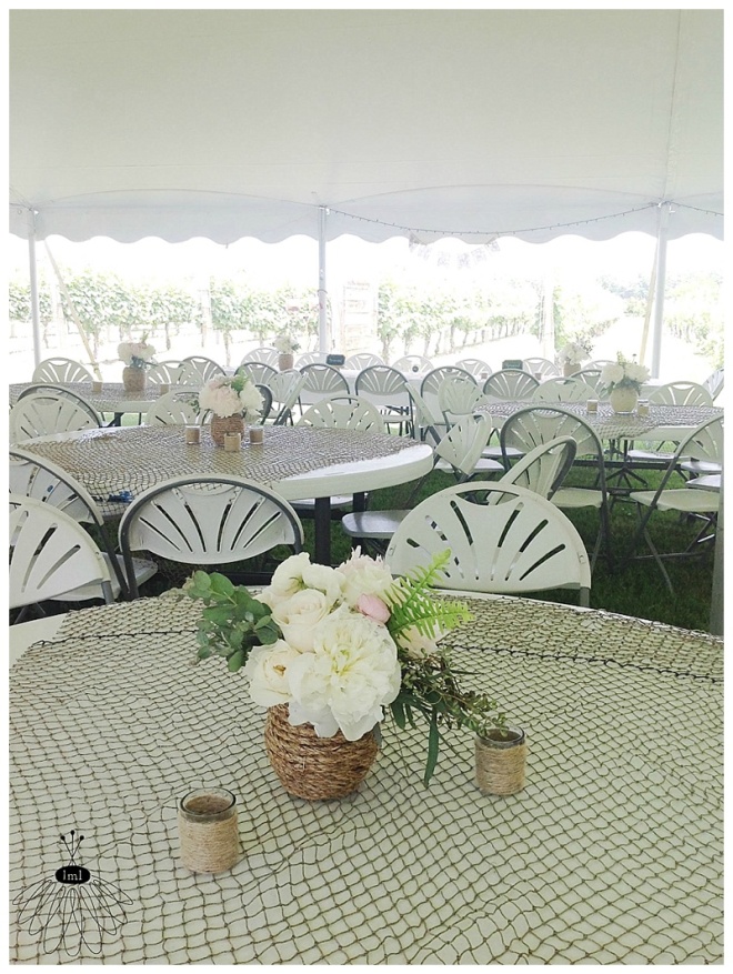 little miss lovely floral design // rope wrapped vases with peonies and garden roses // bordeleau vineyard wedding centerpieces