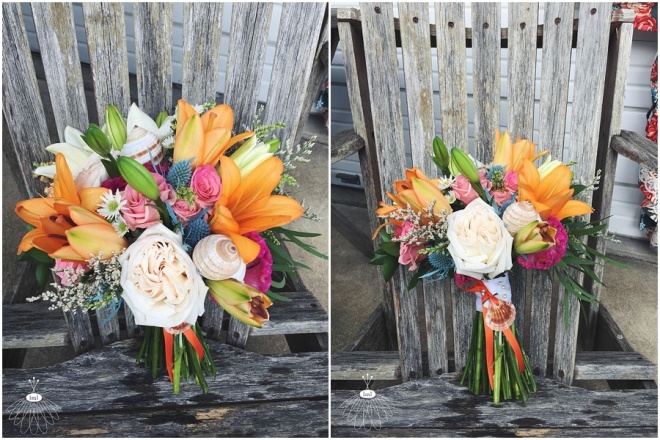 little miss lovely floral design // ocean city maryland wedding florist // orange and pink beach wedding bouquet with seashells
