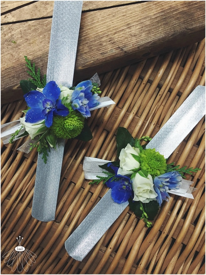little miss lovely floral design // white lime green and blue wrist corsage