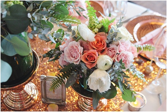 little miss lovely floral design // rose gold, peach, pink & teal wedding centerpieces